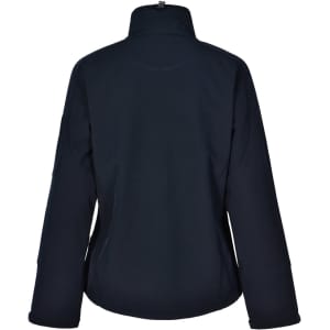 A softshell women's jacket in dark navy, featuring a high collar and long sleeves, with a logo on the back.