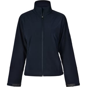 A navy softshell jacket with a high collar and zip closure, featuring side pockets and a logo on the sleeve.