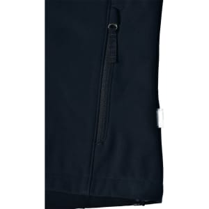 A black ladies softshell jacket featuring a zip pocket and a logo on the side.