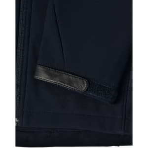 A navy softshell jacket featuring a sleek design with a leather patch on the sleeve. Includes a logo.
