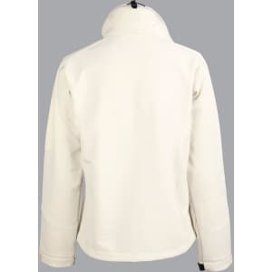 A softshell jacket in cream, featuring a high collar and a logo on the back. Classic and stylish design.