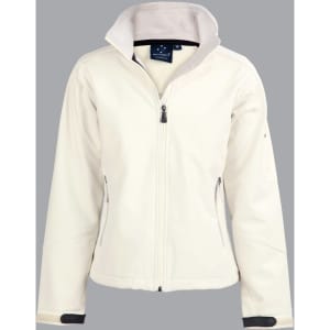 A softshell jacket in cream with a zip front, featuring two side pockets and a logo on the chest.