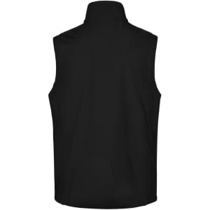 A black men's softshell hi-tech vest with a high collar and a smooth, sleek design.