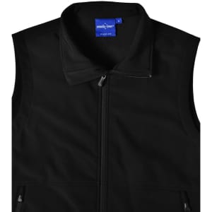 A black men's softshell hi-tech vest with a zippered pocket and a collar, featuring a logo tag.