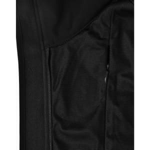 A close-up of a black men's softshell hi-tech vest, featuring a textured fabric and a zippered pocket.