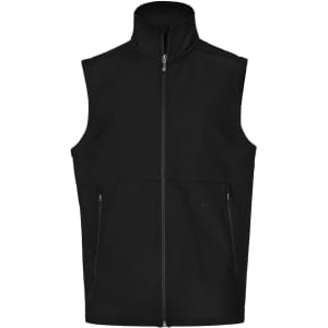 A black men's softshell hi-tech vest featuring a zip front and two side pockets, with a logo on it.
