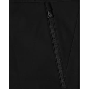 A black softshell hi-tech vest featuring a zippered pocket and a sleek design. It has a logo on the fabric.