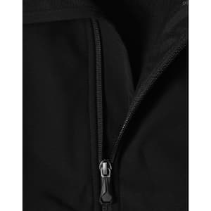 A close-up of a black men's softshell vest featuring a zipper and a high-tech fabric texture.