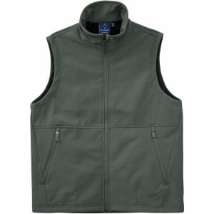 A men's softshell vest in dark green, featuring a zip front and two side pockets. Includes a logo on the chest.