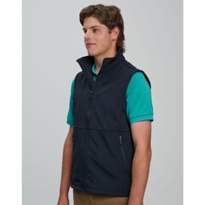 A men's softshell vest in navy blue, featuring a zip front and side pockets, worn over a green shirt.