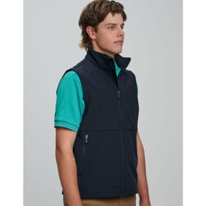 A men's softshell hi-tech vest in navy blue, featuring a zippered front and side pockets, with a logo.