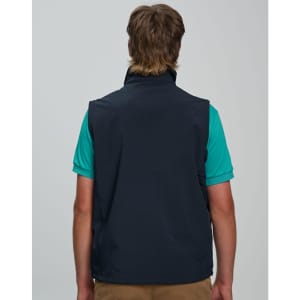 A men's softshell hi-tech vest in navy, featuring a back view with a logo.