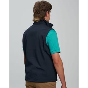 A navy men's softshell vest with a high collar, featuring a logo, shown from the back.