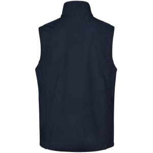 A navy men's softshell hi-tech vest featuring a high collar and a logo on the back.