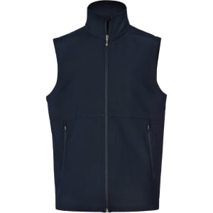 A men's softshell hi-tech vest in navy blue, featuring a zip-up front and two side pockets. Includes a logo.