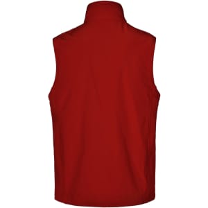 A red men's softshell hi-tech vest with a high collar and no sleeves, featuring a logo.