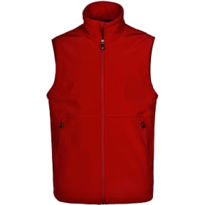 A red men's softshell hi-tech vest featuring a high collar and zippered front, with side pockets and a logo.