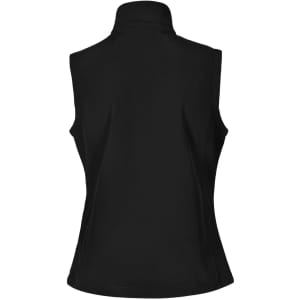 A black ladies' softshell vest featuring a high collar and a fitted design. The vest includes a logo.
