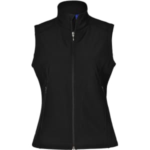 A black softshell hi-tech vest featuring a zip front and two side pockets, with a collar and a logo.