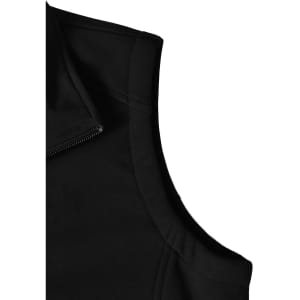 A black softshell hi-tech vest with a close-up view of the collar and zip detail, featuring a logo.