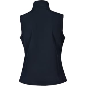 A black women's softshell vest with a high collar and no sleeves at the back. It features a logo.