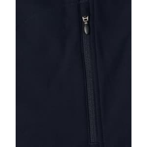 A dark navy softshell vest featuring a zippered closure and a logo on the fabric.