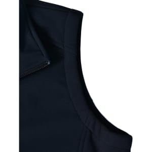 A close-up of a black ladies' softshell hi-tech vest featuring a zippered collar and a sleek design.