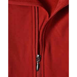 A red softshell vest with a zippered front and a fleece interior, featuring a logo.