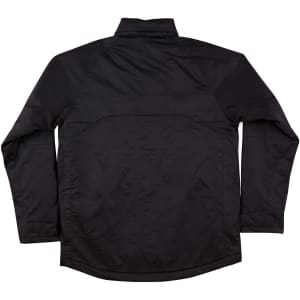 A black men's jacket with a collar and long sleeves, featuring a simple design and a logo.