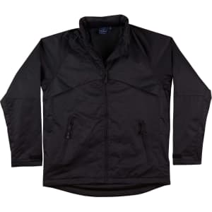A black men's chalet jacket with a zip front, featuring two side pockets and a logo.