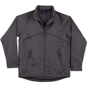 A grey men's chalet jacket featuring a zip closure and two front pockets, with a branded logo on the collar.