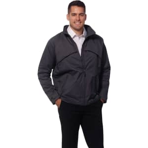 A men's black chalet jacket with a zip front, featuring a hood and pockets, worn by a model.
