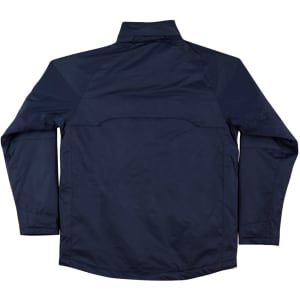 A navy blue men's chalet jacket with a simple design and a logo on the back.