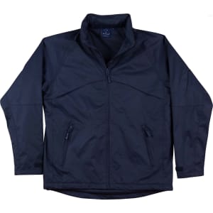 A navy blue men's jacket with a zip front, two side pockets, and a collar. It features a logo on the upper left.