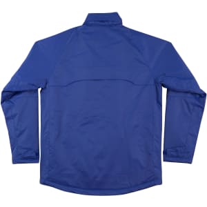 A blue men's jacket featuring long sleeves and a high collar, with a logo on the back.