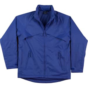 A blue men's chalet jacket, featuring a zip front, high collar, and two zippered pockets, with a logo.