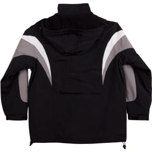 A tri-colour jacket with a hood in black and grey, featuring a logo and a sporty design.
