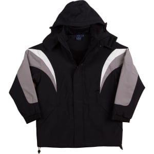 A black jacket with grey accents and a hood, featuring a logo on the front. Suitable for various occasions.