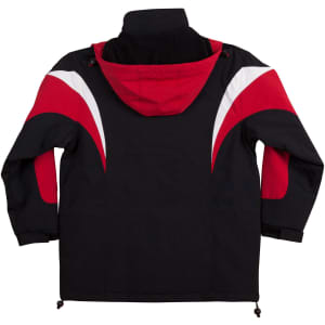 A tri-colour jacket featuring a red and black design with a hood and white accents. It has a logo on the back.