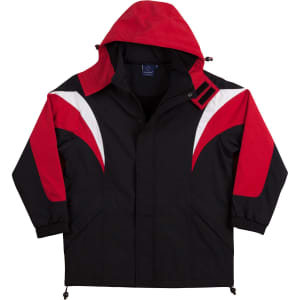A tri-colour jacket with a hood, featuring black, red, and white panels, and a logo on the chest.