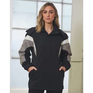 A black jacket with grey accents and a hood, featuring a front zipper and pockets, and includes a logo.