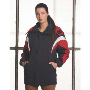 A tri-colour jacket with hood in navy, red, and white, featuring a logo and side pockets.