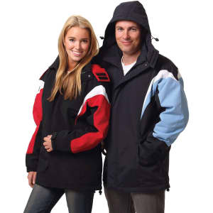 A tri-colour jacket with a hood in black, red, and light blue, displayed on a man and woman. The jacket features a logo.