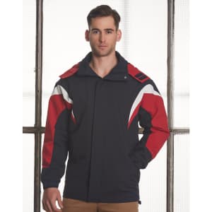 A tri-colour jacket with a hood featuring navy, red, and white accents, designed for men's outerwear.