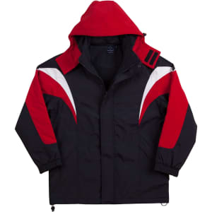 A tri-colour jacket with a hood in black, red, and white, featuring a logo on the chest.