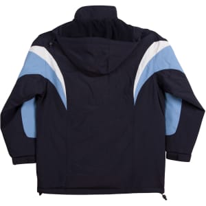 A tri-colour jacket with a hood, featuring navy blue and light blue accents. The jacket has a logo.