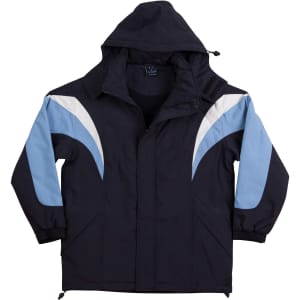 A tri-colour jacket featuring navy blue, light blue, and white accents, complete with a hood and branding.