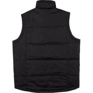 A black nylon rip-stop padded vest with a high collar and quilted design, featuring a logo.