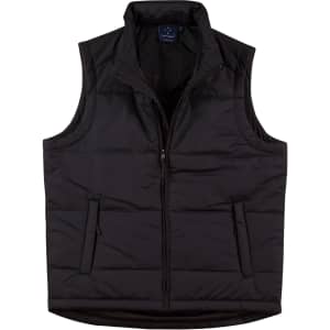 A black nylon rip-stop padded vest featuring a zip front and two front pockets. It has a branding label inside.