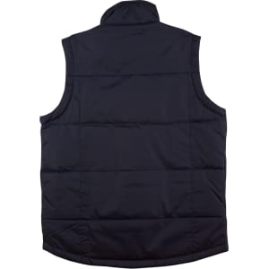 A dark navy padded vest with a collar and quilted design, featuring a visible logo on the backside.